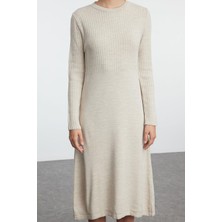 FRM Kadın Moda Şık Midi Boy Dik Yaka Oversize Geniş Kalıp Triko Süveterli Elbise