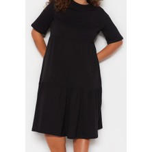 Ersefa Moda Stil Relaxed Bisiklet Yaka Midi Boy Büyük Beden Volanlı %100 Pamuk Örme Elbise