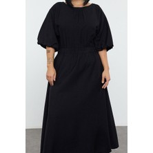 Ersefa Moda Stil Relaxed Bisiklet Yaka Midi Boy Büyük Beden Dokulu Balon Kol Dokuma Büyük Beden Elbise