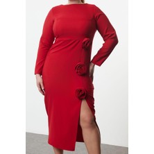 Ersefa Moda Relaxed Bisiklet Yaka Midi Boy Büyük Beden Kayık Yakalı Yırtmaçlı Güllü Dokuma Elbise