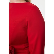 Ersefa Moda Relaxed Bisiklet Yaka Midi Boy Büyük Beden Kayık Yakalı Yırtmaçlı Güllü Dokuma Elbise