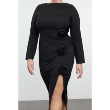 Ersefa Moda Relaxed Bisiklet Yaka Midi Boy Büyük Beden Kayık Yakalı Yırtmaçlı Güllü Dokuma Elbise