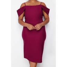 Ersefa Moda Stil Fitted Carmen Yaka Midi Boy Büyük Beden Düz Bodycone Dokuma Büyük Beden Elbise