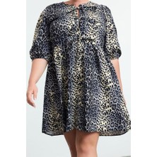 Ersefa Moda Relaxed Bisiklet Yaka Mini Boy Büyük Beden Fiyonklu %100 Pamuk Leopar Desenli Dokuma Elbise