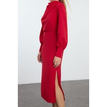 Ersefa Moda Stil Regular Degaje Yaka Midi Boy Düz Dokuma Elbise
