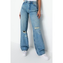 FRM Kadın Moda Şık Kot Pantolon Geniş Paça Regular Boy Denim Vintage Yırtık Detaylı Düşük Bel Jeans