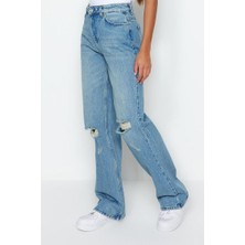 FRM Kadın Moda Şık Kot Pantolon Geniş Paça Regular Boy Denim Vintage Yırtık Detaylı Düşük Bel Jeans