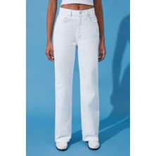 FRM Kadın Moda Şık Kot Pantolon Geniş Paça Regular Boy Denim Beyaz Yüksek Bel Jeans