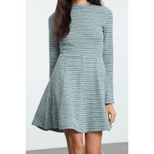 FRM Kadın Moda Şık Mini Boy Dik Yaka Slim Tüvit Bisiklet Yaka Skater Belden Açılan Volanlı Örme Elbise