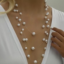 Lovisa Accessories El Emeği 3 Sıra Inci Detaylı Zincir Kolye, Inci Kolye
