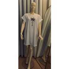 Butik Mektup ve Hindistan Cevizi Ağacı Baskılı Yuvarlak Yaka Tişört Elbise, Bahar ve Yaz Için Rahat Kısa Kollu Elbise, Kadın Giyim