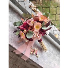 TT Organizasyon Bordo Yeşil Somon  Krem Gelinbuketi Gelinçiçeği ve Yakaçiçeği