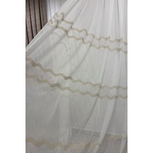 Özgün Perde Aplike Clara Modern Dalgalı Altın Şeritli (1/3 Sık Pile) Ekru Tül Perde