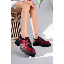 Marshetta Shoes Flex Model Scuba Dalgıç Kumaş Detaylı Bordo Kırışık Rugan Bağcıklı Kadın Loafer Ayakkabı