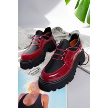 Marshetta Shoes Flex Model Scuba Dalgıç Kumaş Detaylı Bordo Kırışık Rugan Bağcıklı Kadın Loafer Ayakkabı