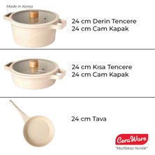 Ceraware Vetta 5 Parça Seramik Kaplama Yapışmaz 24 cm Tava + 24 cm Kısa + 24 cm Derin Tencere Seti Bej