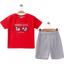 Erkek Bebek Kırmızı Gri Gözlük Baskılı Şortlu 2'li Takım