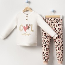 Bebegen Kız Çocuk Ekru Kahverengi Cool Kalp Baskılı 2'li Pijama Takımı