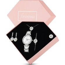 Forentina Gümüş Kaplama Tektaş Kolye Küpe Bileklik Saat - Hediye Set PS1747