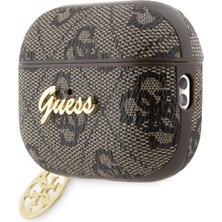 Guess Airpods Pro 2 Kılıf 4g Desen Metal Script Logolu 4g Charm Pu Deri Kahverengi