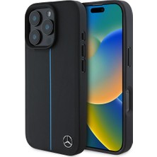 Mercedes-Benz Apple iPhone 16 Pro Max Kılıf Mercedes-Benz Lisanslı Magsafe Özellik Metal Yıldız Logolu Mavi Çizgili Deri