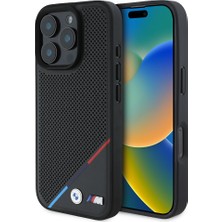 BMW Apple iPhone 16 Pro Max Kılıf Bmw Lisanslı Magsafe Şarj Özellikli M Logolu Üç Çizgili Delikli Deri Siyah