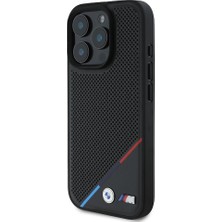 BMW Apple iPhone 16 Pro Max Kılıf Bmw Lisanslı Magsafe Şarj Özellikli M Logolu Üç Çizgili Delikli Deri Siyah