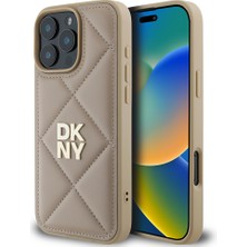 Dkny Apple iPhone 16 Pro Uyumlu Kılıf Dkny Orjinal Lisanslı Kapitone Tasarımlı Metal Logolu Deri Kapak Bej