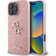 Guess Apple iPhone 16 Pro Uyumlu Kılıf Guess Orjinal Lisanslı 4g Büyük Metal Logolu Glitter Kapak Pembe