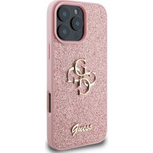 Guess Apple iPhone 16 Pro Uyumlu Kılıf Guess Orjinal Lisanslı 4g Büyük Metal Logolu Glitter Kapak Pembe