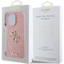 Guess Apple iPhone 16 Pro Uyumlu Kılıf Guess Orjinal Lisanslı 4g Büyük Metal Logolu Glitter Kapak Pembe