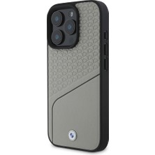 BMW Apple iPhone 16 Pro Kılıf Bmw Orjinal Lisanslı Magsafe Özellikli Metal Logolu Dokulu ve Çizgili Deri Gri