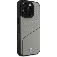 BMW Apple iPhone 16 Pro Kılıf Bmw Orjinal Lisanslı Magsafe Özellikli Metal Logolu Dokulu ve Çizgili Deri Gri