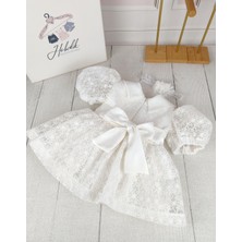 Hobidik Baby Kız Bebek Çocuk Tül Nakışlı Kemerli Pembe Fiyonklu Vintage Beyaz Elbise