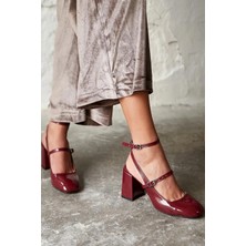 Trendy Anka Lady Bordo Rugan 7 cm Kalın Topuklu Mary Jane Küt Kare Burun Arkası Açık Rahat Ayakkabı