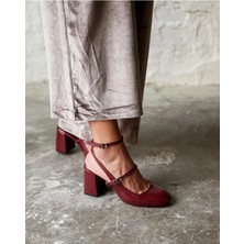 Trendy Anka Lady Bordo Rugan 7 cm Kalın Topuklu Mary Jane Küt Kare Burun Arkası Açık Rahat Ayakkabı