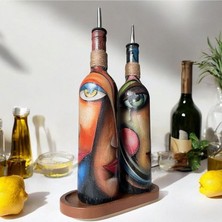 Mes Reves Design Özel Tasarım Renkli Yüz Desenli 750 ml Zeytinyağı Sıvıyağ Şişesi, Yağdanlık, Yağlık, Sosluk 2'li Set
