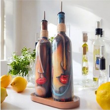 Mes Reves Design Özel Tasarım Renkli Yüz Desenli 750 ml Zeytinyağı Sıvıyağ Şişesi, Yağdanlık, Yağlık, Sosluk 2'li Set