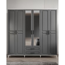 GuneyStore Ücretsiz Montaj - %100 MDF Gözde 6 Kapaklı Antrasit Beyaz Aynalı Gardırop - MDF Dolap - Elbise Dolabı
