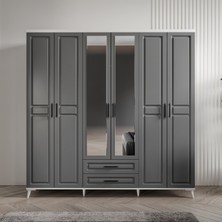 GuneyStore Ücretsiz Montaj - %100 MDF Gözde 6 Kapaklı Antrasit Beyaz Aynalı Gardırop - MDF Dolap - Elbise Dolabı