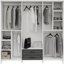 GuneyStore Ücretsiz Montaj - %100 MDF Gözde 6 Kapaklı Antrasit Beyaz Aynalı Gardırop - MDF Dolap - Elbise Dolabı