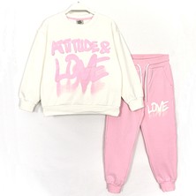 Attitude & Love Kabartma Baskılı Kız Çocuk Eşofman Takımı Ekru Pembe 001-0001942