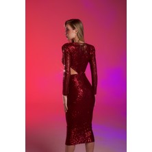 Bordo V Yaka Cut Out Midi Elbise