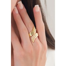 TMT Silver Gümüş Altın Kaplama Melek Kanadı Mat ve Parlak Taşsız Modern Ayarlanabilir Yüzük