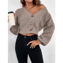 V Yaka Örgü Desenli Triko Crop Vizon Hırka