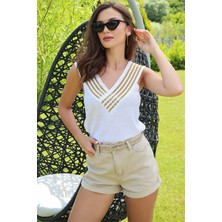 Kolsuz Ön Arka V Yaka Sim Detaylı  Beyaz-Altın