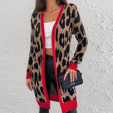 Leopar Desenli Şerit Detaylı Uzun Siyah Kahve Mercan Renkli Hırka