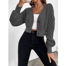 V Yaka Örgü Desenli Triko Crop Antrasit Hırka