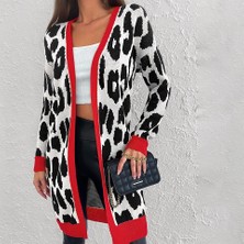 Leopar Desenli Şerit Detaylı Uzun Siyah Beyaz Mercan Renkli Hırka