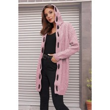 Kapüşonlu Kabartma Desenli Şerit Garnili Pudra Hırka